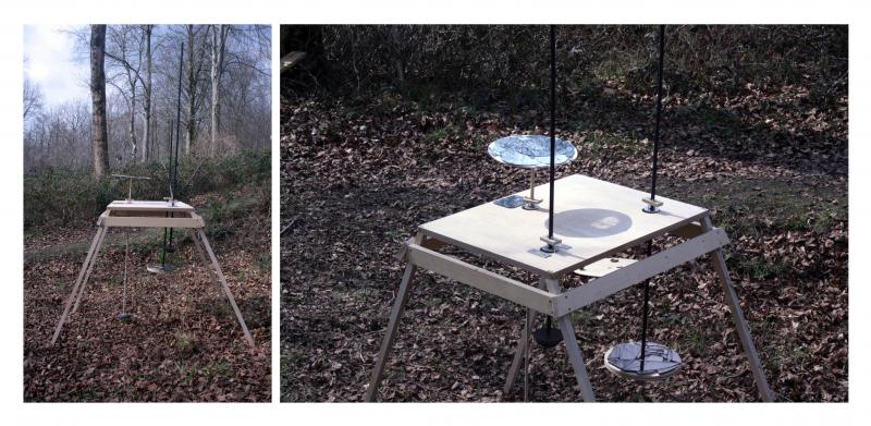 A triple mirror pendulum model, positioned in nature (scale 1:1). Each pendulum tends to make a different movement which is mainly affected from the height and weight of it. In the pendulums have been attached surfaces with broken mirrors. The 'moving mirrors' were positioned in order to create a feeling of disorientation to the observer.
